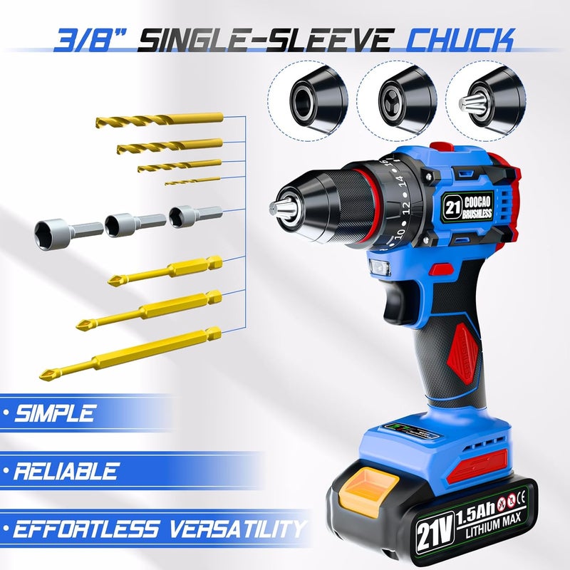 21V Cordless Drill, Brushless Power Drill Set With 1 Batteries And Charger,3/8-Inch Chuck Electric Drill Driver,20+3 Torque Setting,32 Pcs Drill/Driver Bits And Tool Set - Image 3