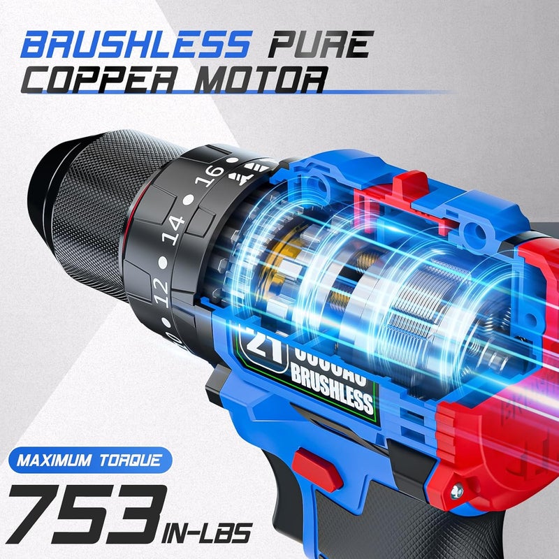 21V Cordless Drill, Brushless Power Drill Set With 1 Batteries And Charger,3/8-Inch Chuck Electric Drill Driver,20+3 Torque Setting,32 Pcs Drill/Driver Bits And Tool Set - Image 2