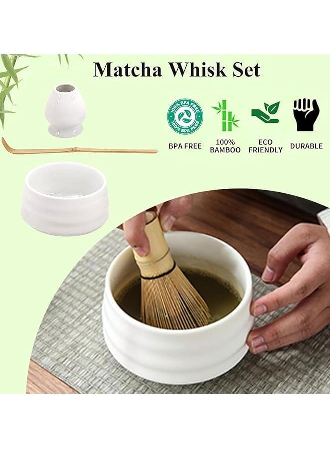 4 Piece Matcha Tea Set Whisk Kit Ceramic Bowl Whisk, White Holder Traditional Scoop Perfect to a of Tool (Pink and White)  - Image 2
