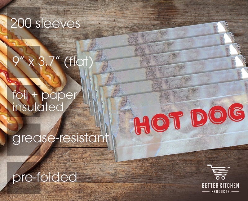 Better Kitchen Products Foil Hot Dog Wrappers, 9" x 3.7", Insulated Grease Resistant Hot Bag Sleeves, Disposable Foil Paper Hot Dog Bags (200 Pack) - Image 2