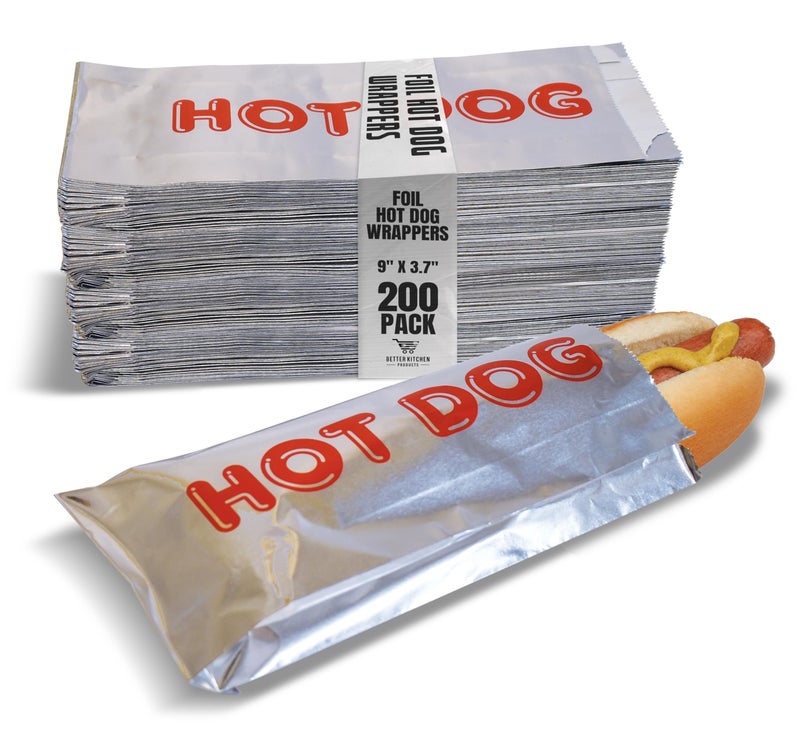 Better Kitchen Products Foil Hot Dog Wrappers, 9" x 3.7", Insulated Grease Resistant Hot Bag Sleeves, Disposable Foil Paper Hot Dog Bags (200 Pack) - Image 1