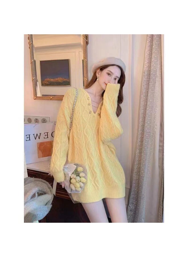 Korean Women Long Sleeves Pullover Knitted Lazy Wind Female V-Neck Loose Knit Autumn Winter Ladies Medium Long Styles Sweater