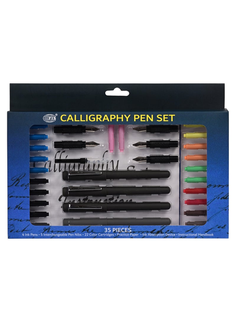 FIS Calligraphy Pen, Set of 35 Pieces with 4 Ink Pens, 22 Color Cartridges, 5 Interchageable Pen Nibs, Ink Absorption Device, Instructional Pad, Assorted Color-FSCQ03 - Image 1