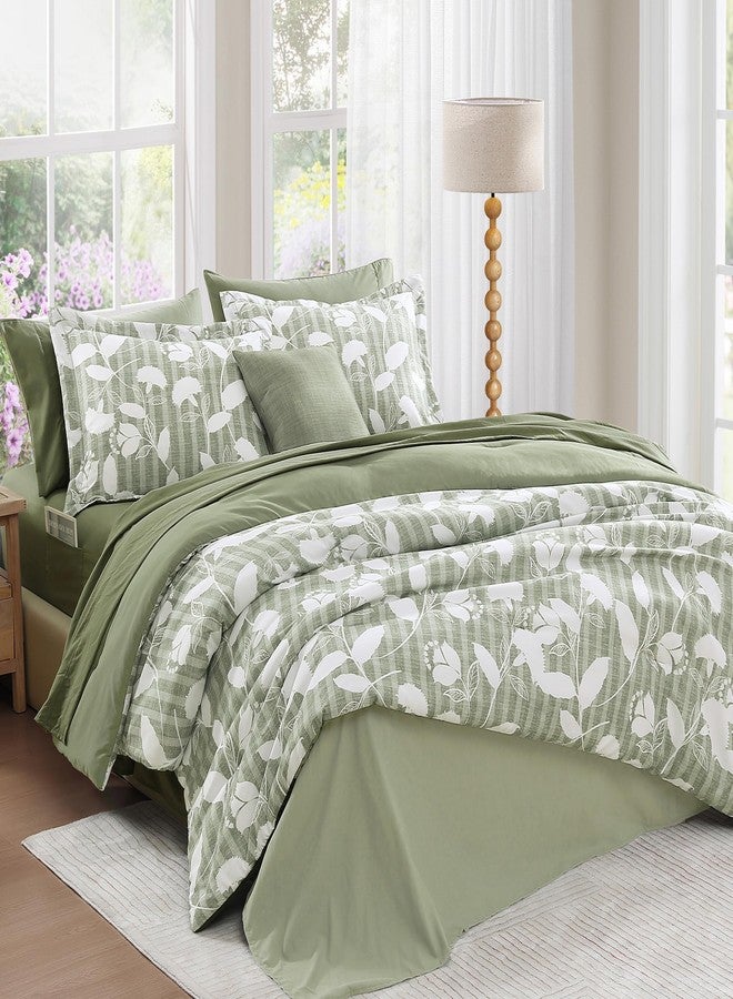 BLOOMHAVEN Queen Comforter Set -7 Pieces Sage Green Floral Comforter Set Queen for All Seasons, Bed in a Bag Queen with Botanical Flowers Comforter, Sheets, Pillowcases & Shams - Image 2