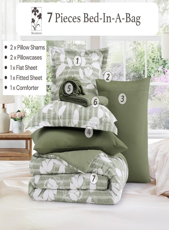 BLOOMHAVEN Queen Comforter Set -7 Pieces Sage Green Floral Comforter Set Queen for All Seasons, Bed in a Bag Queen with Botanical Flowers Comforter, Sheets, Pillowcases & Shams - Image 5