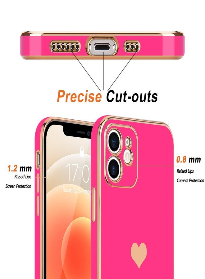 Teageo جراب هاتف Teageo متوافق مع iPhone 12 للنساء والفتيات، بتصميم قلب لطيف فاخر مطلي بالترتر، غطاء خلفي ناعم، حماية كاملة للكاميرا، جراب سيليكون مقاوم للصدمات لهاتف iPhone 12، لون وردي فاقع - Image 2