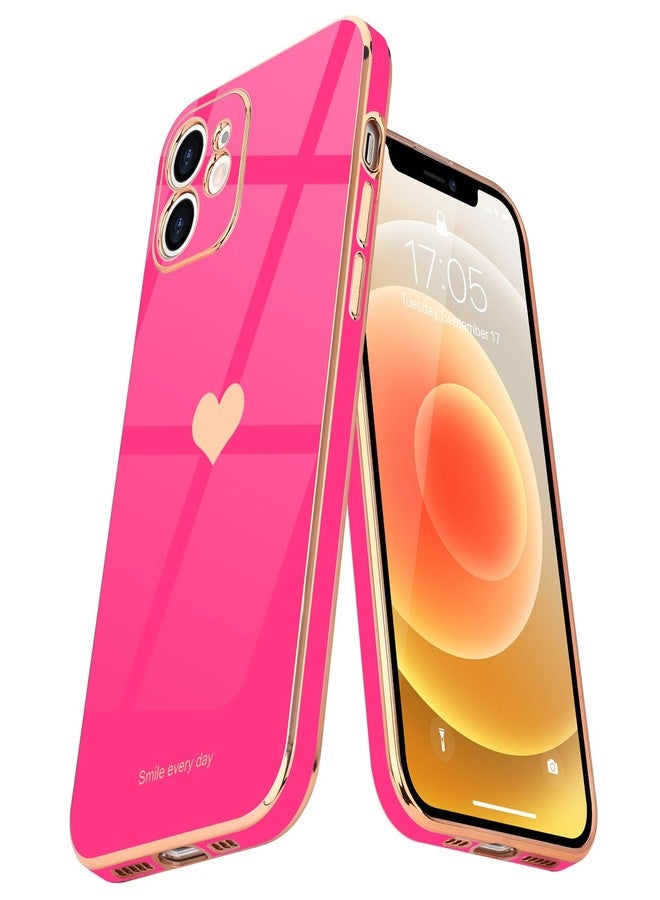 Teageo جراب هاتف Teageo متوافق مع iPhone 12 للنساء والفتيات، بتصميم قلب لطيف فاخر مطلي بالترتر، غطاء خلفي ناعم، حماية كاملة للكاميرا، جراب سيليكون مقاوم للصدمات لهاتف iPhone 12، لون وردي فاقع - Image 1