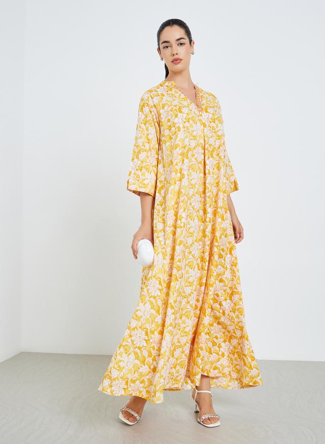 Amirah Women Yellow Floral Print A-Line Jalabiya - Image 1