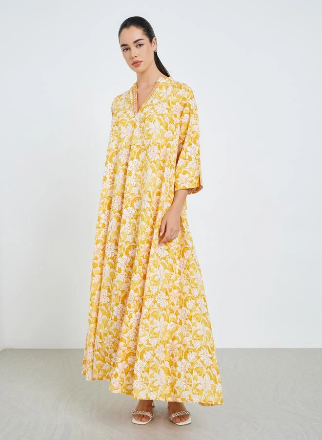 Amirah Women Yellow Floral Print A-Line Jalabiya