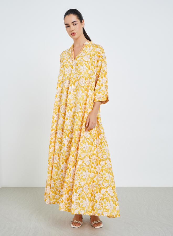 Amirah Women Yellow Floral Print A-Line Jalabiya - Image 2