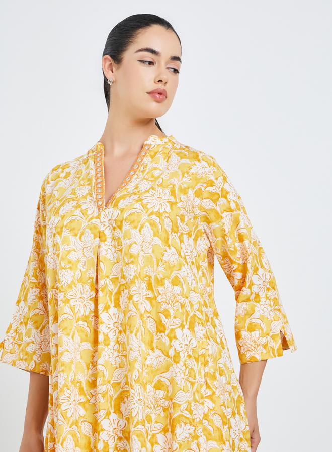 Amirah Women Yellow Floral Print A-Line Jalabiya - Image 3