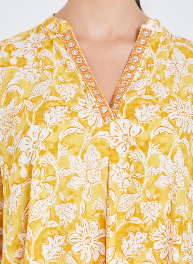Amirah Women Yellow Floral Print A-Line Jalabiya - Image 4