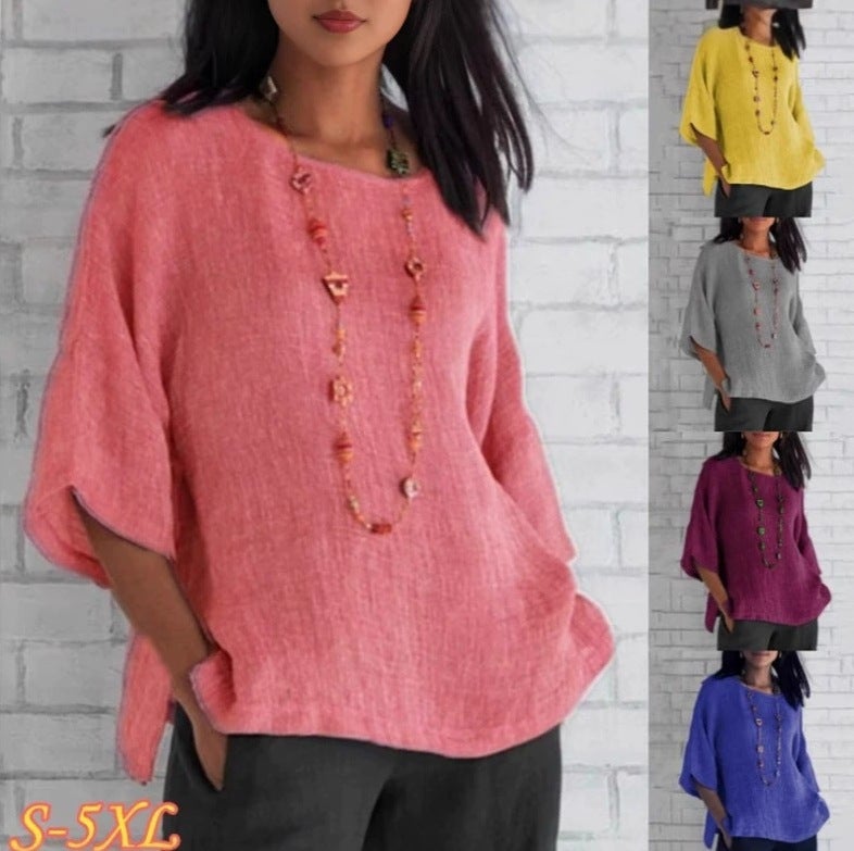 Women's Retro Cotton-Blend Blouse 3/4 Sleeve Round Neck - Image 1