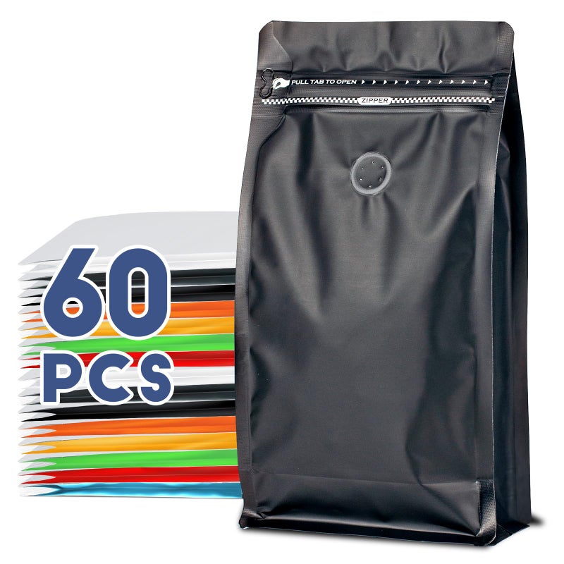 Coffee Bags with Valve60pcs16 oz1 lb Vented Coffee Beans Packaging Bags High Barrier Aluminumed Foil Flat Bottom Heat Sealed Side Zipper Resealable Storage Bag for Home or BusinessBlack