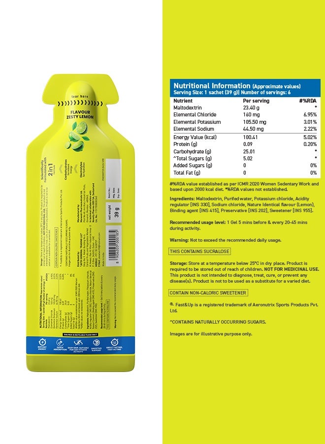 Fast&Up Energy Gels with 310 mg Electrolytes + 25 g Carbs + 100 kcal Energy | Box of 6 sachets | Zesty Lemon flavour - Image 2
