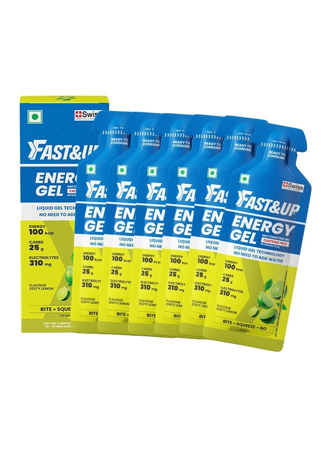 Fast&Up Energy Gels with 310 mg Electrolytes + 25 g Carbs + 100 kcal Energy | Box of 6 sachets | Zesty Lemon flavour - Image 1