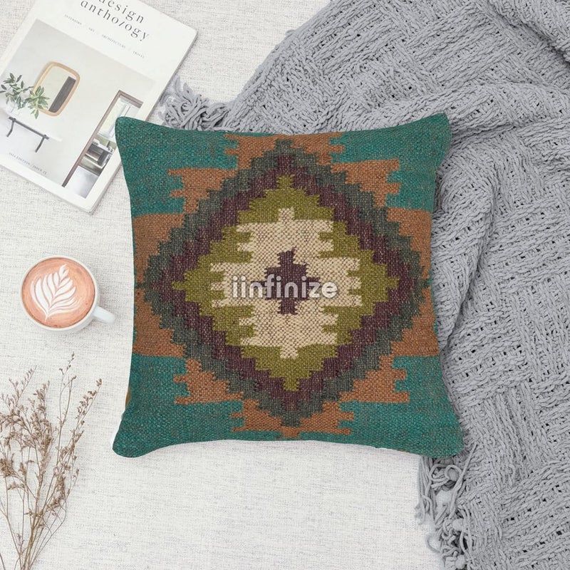 iinfinize Kilim Pillow Cover Jute Cushion Case Indoor Outdoor Decor Pillowcase Rustic 18x18 Inch Handmade Floor Pillow Cover Sofa Sham Handknotted Cushion Cover - Image 1