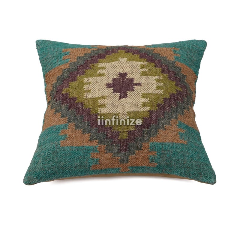 iinfinize Kilim Pillow Cover Jute Cushion Case Indoor Outdoor Decor Pillowcase Rustic 18x18 Inch Handmade Floor Pillow Cover Sofa Sham Handknotted Cushion Cover - Image 4