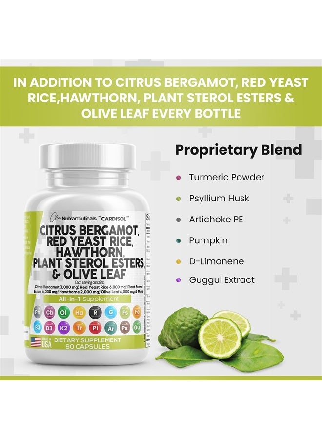 Clean Nutraceuticals كبسولات برغموت الحمضيات 3000 مجم من خميرة الأرز الحمراء 6000 مجم مع ستيرولات نباتية 6000 مجم - مع مستخلص الزعرور أوراق الزيتون النياسين فيتامين ك3 د3 كو كيو 10 جوجول والمزيد - صنع في الولايات المتحدة - Image 5