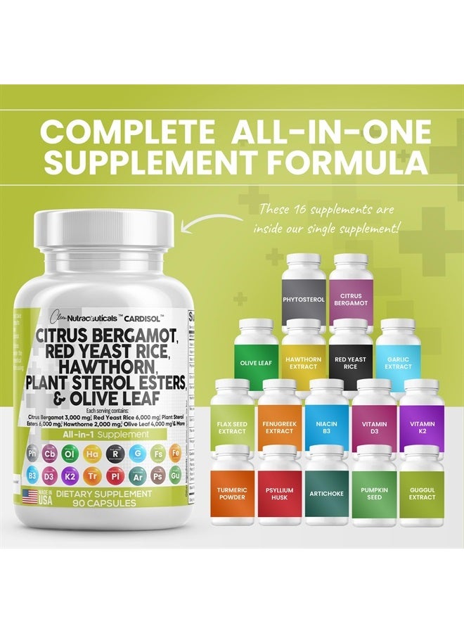 Clean Nutraceuticals كبسولات برغموت الحمضيات 3000 مجم من خميرة الأرز الحمراء 6000 مجم مع ستيرولات نباتية 6000 مجم - مع مستخلص الزعرور أوراق الزيتون النياسين فيتامين ك3 د3 كو كيو 10 جوجول والمزيد - صنع في الولايات المتحدة - Image 2