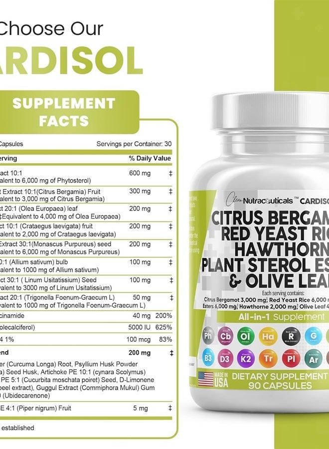 Clean Nutraceuticals كبسولات برغموت الحمضيات 3000 مجم من خميرة الأرز الحمراء 6000 مجم مع ستيرولات نباتية 6000 مجم - مع مستخلص الزعرور أوراق الزيتون النياسين فيتامين ك3 د3 كو كيو 10 جوجول والمزيد - صنع في الولايات المتحدة - Image 4