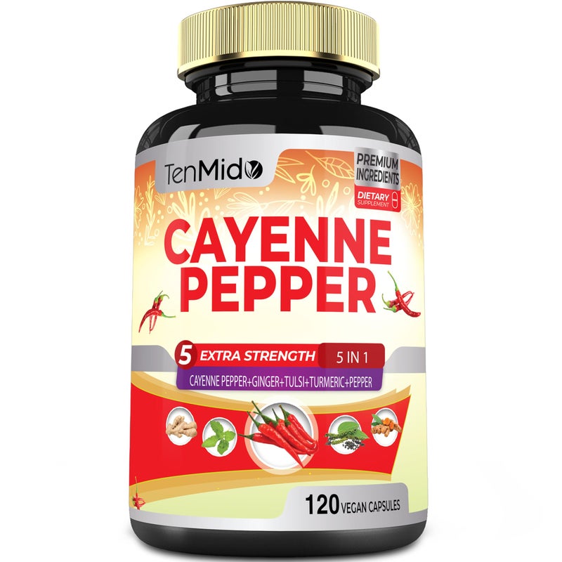 Cayenne Pepper Supplements Extract Capsules 4 Months Supply with Ginger Turmeric Curcumin Tulsi Black Pepper Supports Immune System Promotes Digestive System Function 120 Vegan Capsules