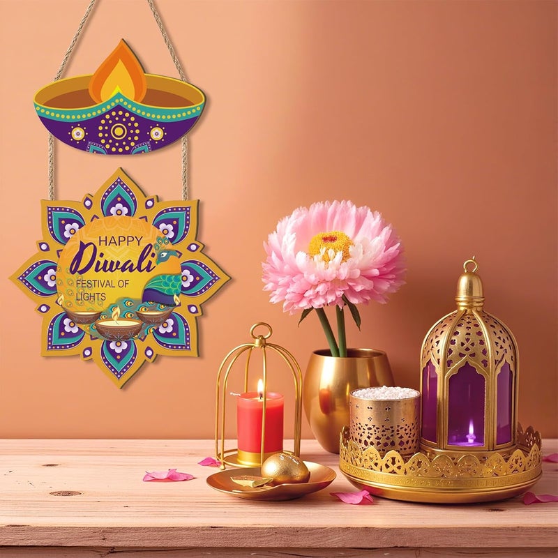 Ausril Happy Diwali Door Sign,Deepavali Themed Wall Decor,Hindu Dewaele Door Decor,India Diwali Wall Hanging,Festival of Lights Wooden Sign,Lakshmi Pooja Decoration For Home Party Room Porch Yard - Image 2