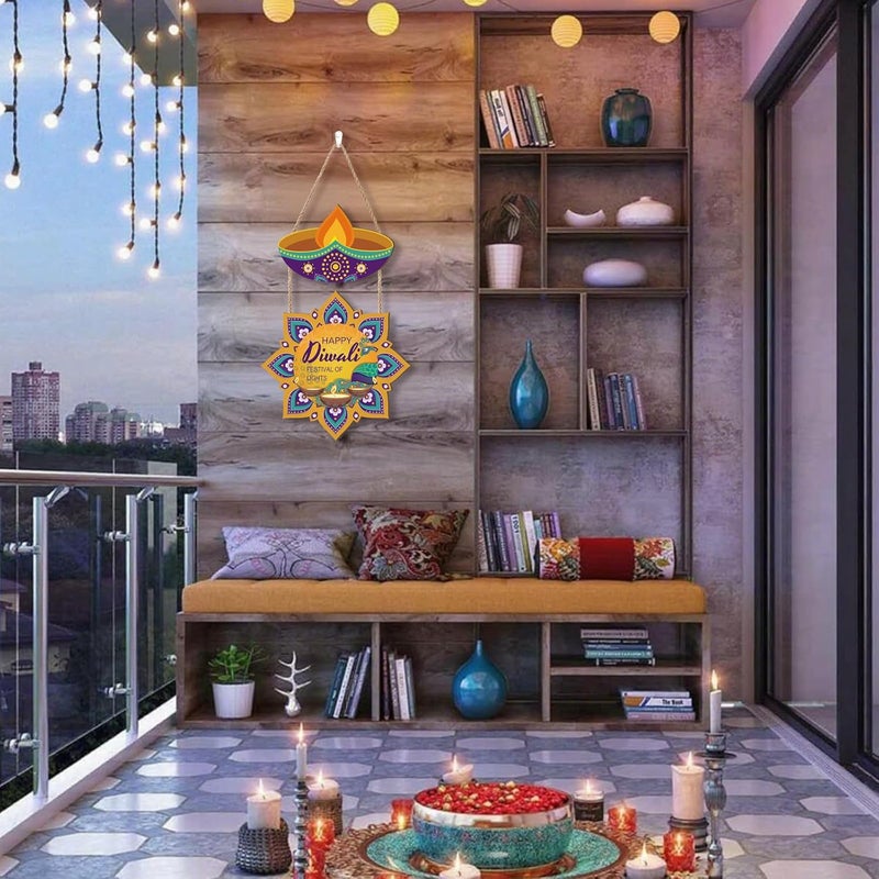 Ausril Happy Diwali Door Sign,Deepavali Themed Wall Decor,Hindu Dewaele Door Decor,India Diwali Wall Hanging,Festival of Lights Wooden Sign,Lakshmi Pooja Decoration For Home Party Room Porch Yard - Image 3