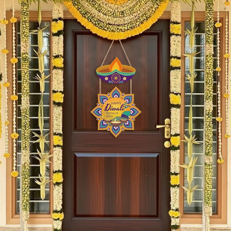 Ausril Happy Diwali Door Sign,Deepavali Themed Wall Decor,Hindu Dewaele Door Decor,India Diwali Wall Hanging,Festival of Lights Wooden Sign,Lakshmi Pooja Decoration For Home Party Room Porch Yard - Image 5