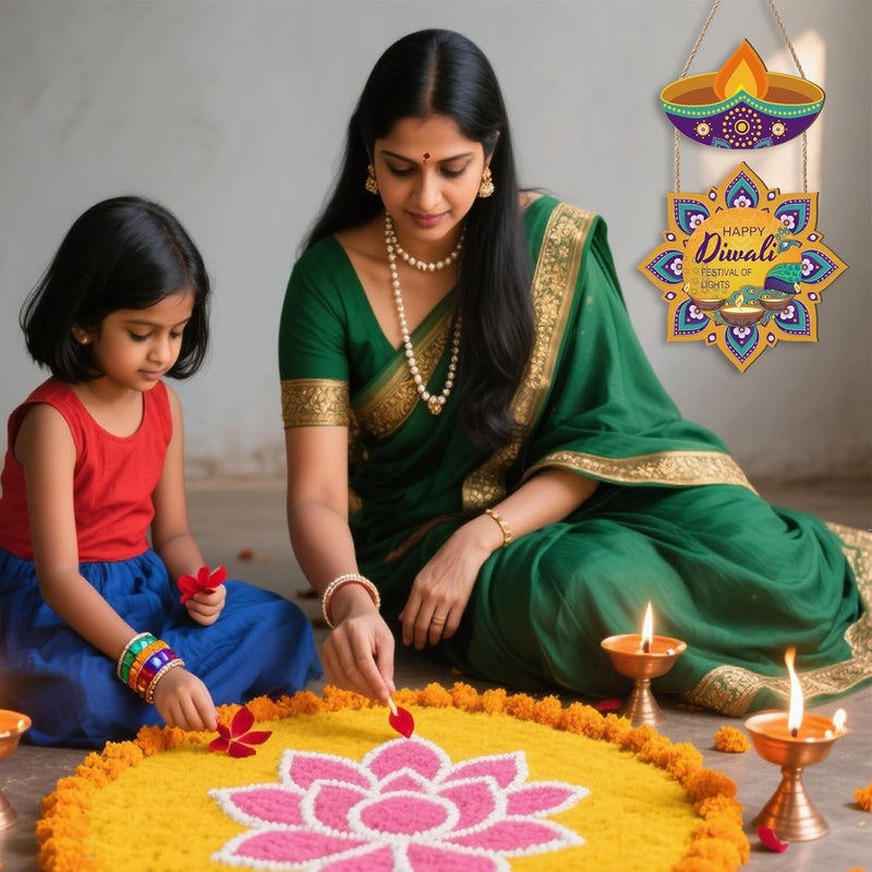 Ausril Happy Diwali Door Sign,Deepavali Themed Wall Decor,Hindu Dewaele Door Decor,India Diwali Wall Hanging,Festival of Lights Wooden Sign,Lakshmi Pooja Decoration For Home Party Room Porch Yard - Image 4