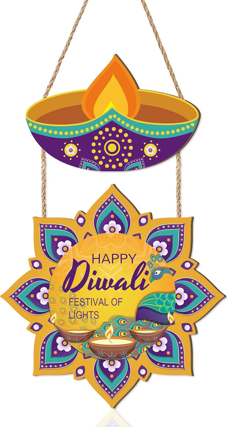 Ausril Happy Diwali Door Sign,Deepavali Themed Wall Decor,Hindu Dewaele Door Decor,India Diwali Wall Hanging,Festival of Lights Wooden Sign,Lakshmi Pooja Decoration For Home Party Room Porch Yard - Image 1