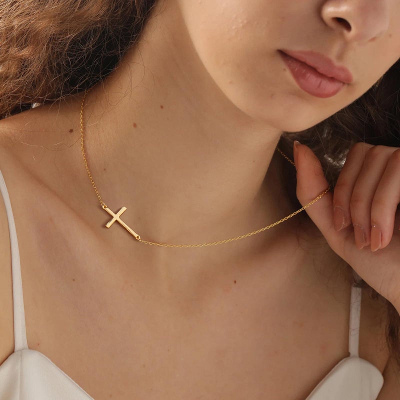 Poxtex Sideways Cross Necklace for Women Trendy 14K Gold Plated Cross Pendant Necklace Dainty Simple Gifts Accessories Jewelry Christian Stuff for Women Girls - Image 2