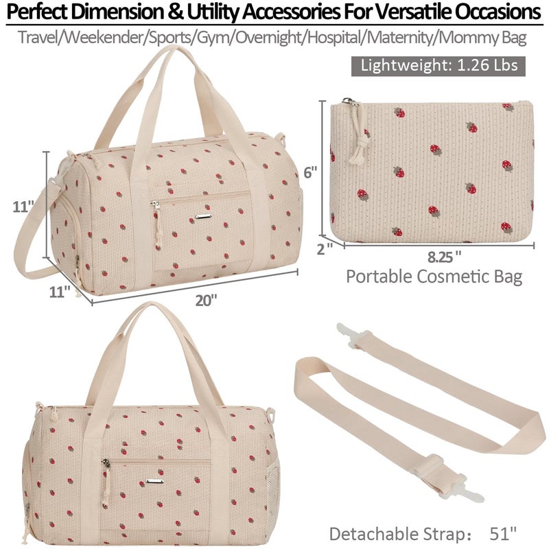 Vankor Corduroy Gym Bag for Women Teen Girls Kids Cute, Small Womens Girl Gym Duffle bag with Shoe Compartment Portable for Sport Dance Workout Travel Beige Corduroy Strawberry - Image 3