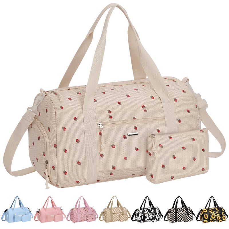 Vankor Corduroy Gym Bag for Women Teen Girls Kids Cute, Small Womens Girl Gym Duffle bag with Shoe Compartment Portable for Sport Dance Workout Travel Beige Corduroy Strawberry - Image 1