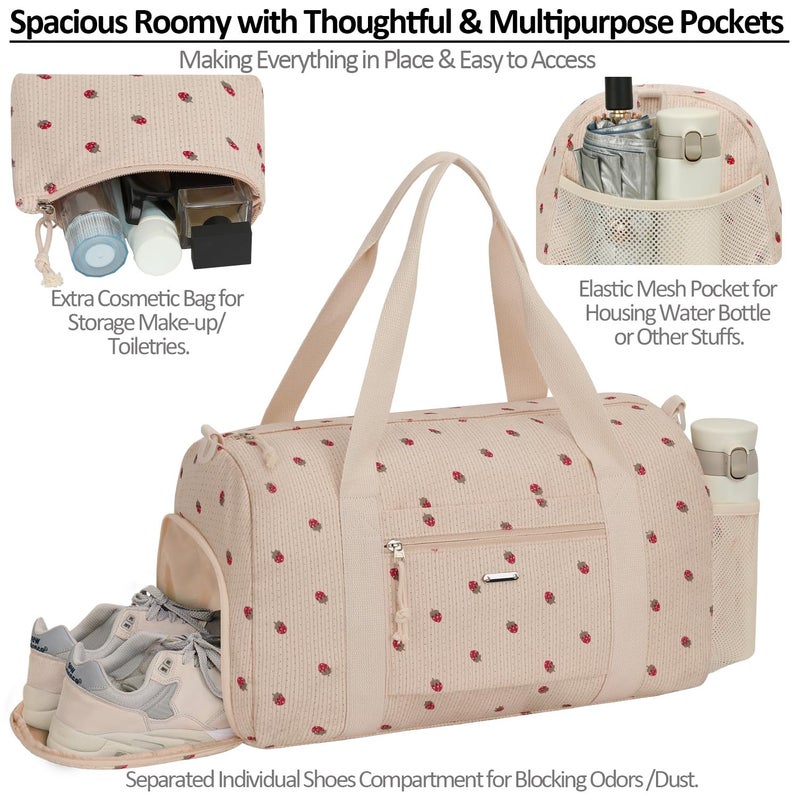 Vankor Corduroy Gym Bag for Women Teen Girls Kids Cute, Small Womens Girl Gym Duffle bag with Shoe Compartment Portable for Sport Dance Workout Travel Beige Corduroy Strawberry - Image 4