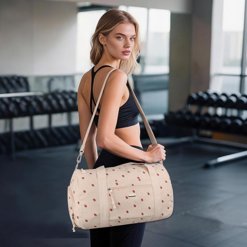 Vankor Corduroy Gym Bag for Women Teen Girls Kids Cute, Small Womens Girl Gym Duffle bag with Shoe Compartment Portable for Sport Dance Workout Travel Beige Corduroy Strawberry - Image 2