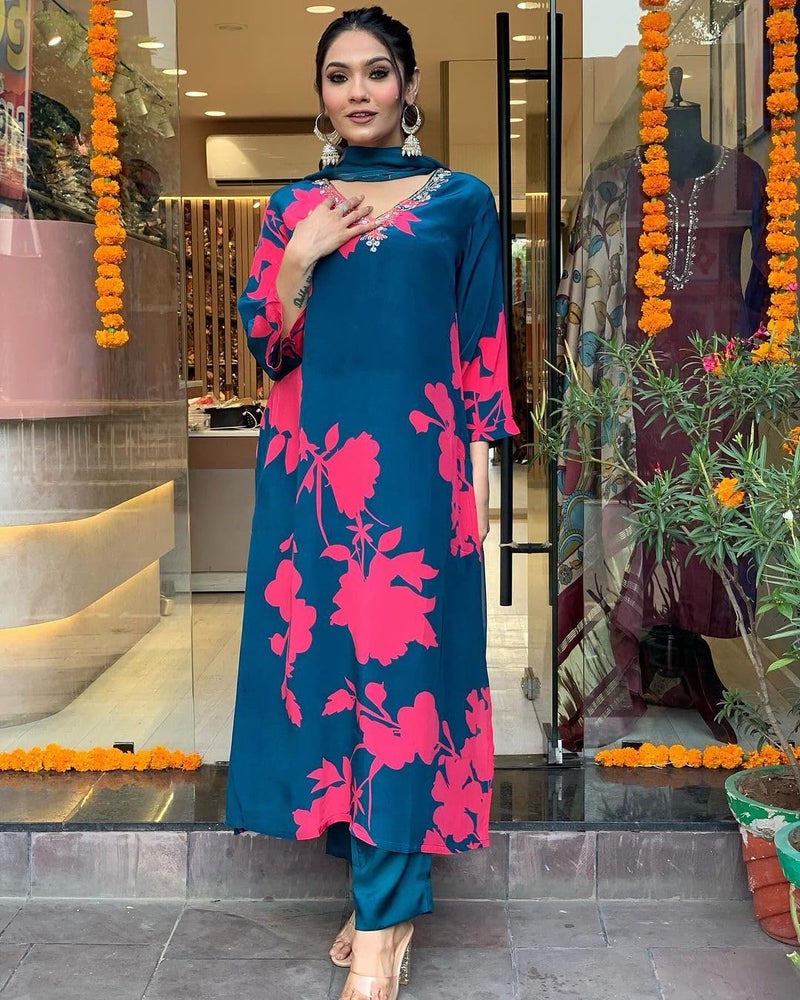 ANNI DESIGNER Women's Cotton Blend Straight Printed Kurta with Pant & Dupatta (PROTIN-CEROSIN_S_Blue_Small) - Image 3