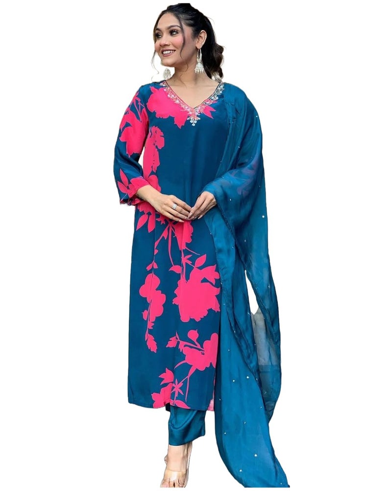 ANNI DESIGNER Women's Cotton Blend Straight Printed Kurta with Pant & Dupatta (PROTIN-CEROSIN_S_Blue_Small) - Image 1