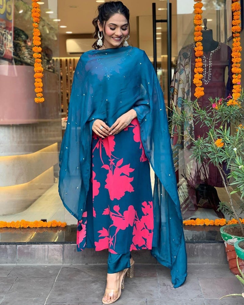 ANNI DESIGNER Women's Cotton Blend Straight Printed Kurta with Pant & Dupatta (PROTIN-CEROSIN_S_Blue_Small) - Image 5