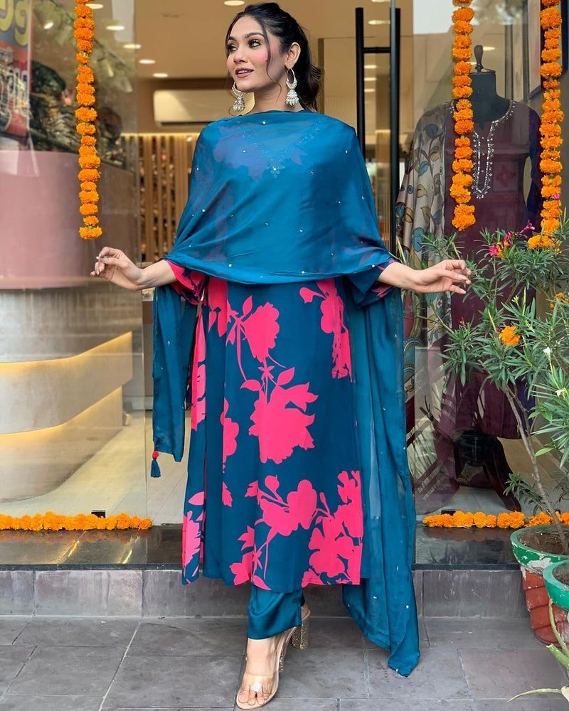 ANNI DESIGNER Women's Cotton Blend Straight Printed Kurta with Pant & Dupatta (PROTIN-CEROSIN_S_Blue_Small) - Image 4