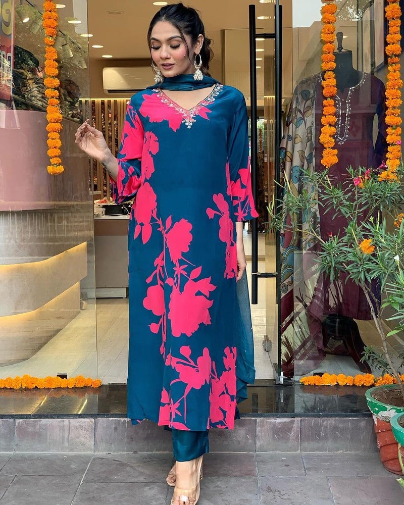 ANNI DESIGNER Women's Cotton Blend Straight Printed Kurta with Pant & Dupatta (PROTIN-CEROSIN_S_Blue_Small) - Image 2