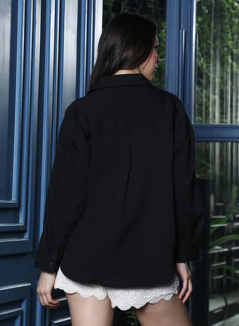 PINACOLADA  Women's Spots-Tactile Oversized Shirt | Spread Collar , Long Button-Cuff Sleeves, Button Closure | Solid Textured Woven Shirt For Casual & Daily Wear | Onyx Black for Women | Best Price UAE