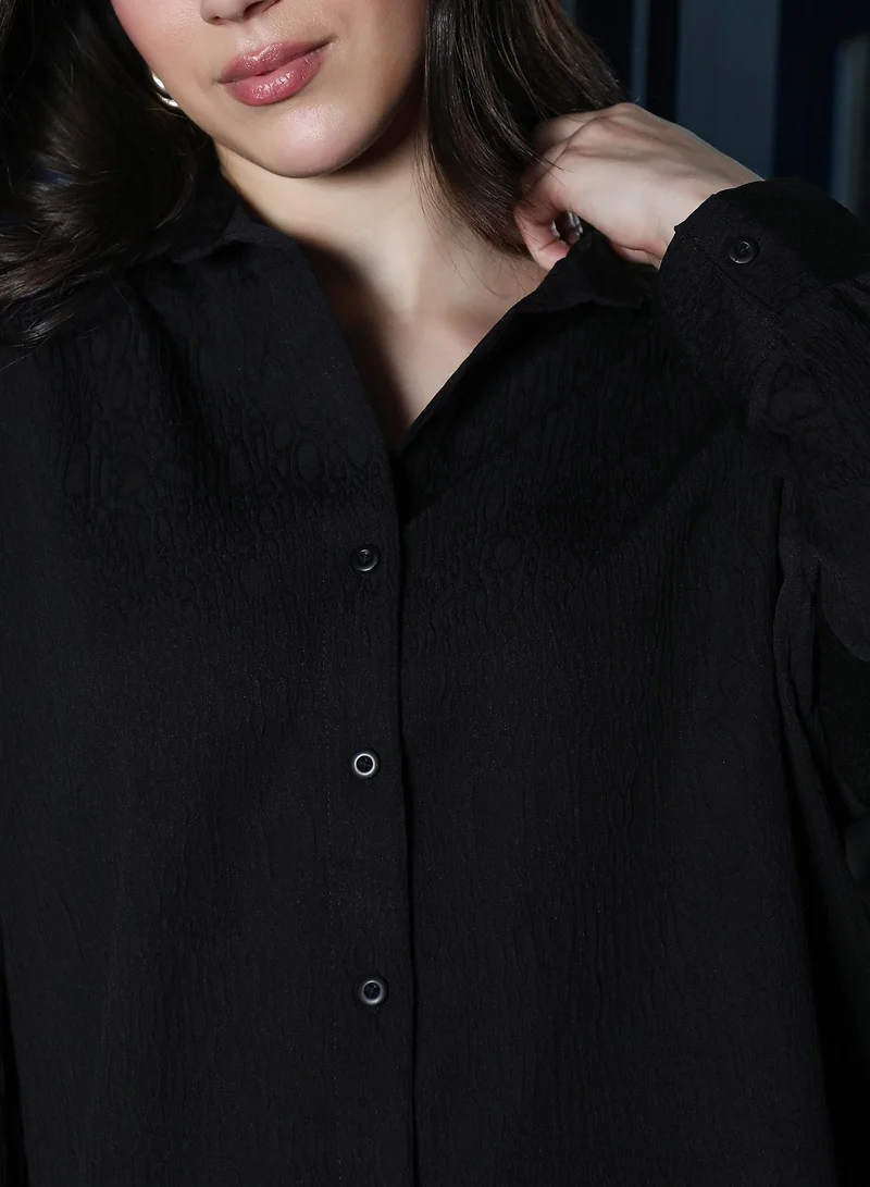 PINACOLADA  Women's Spots-Tactile Oversized Shirt | Spread Collar , Long Button-Cuff Sleeves, Button Closure | Solid Textured Woven Shirt For Casual & Daily Wear | Onyx Black for Women | Best Price UAE