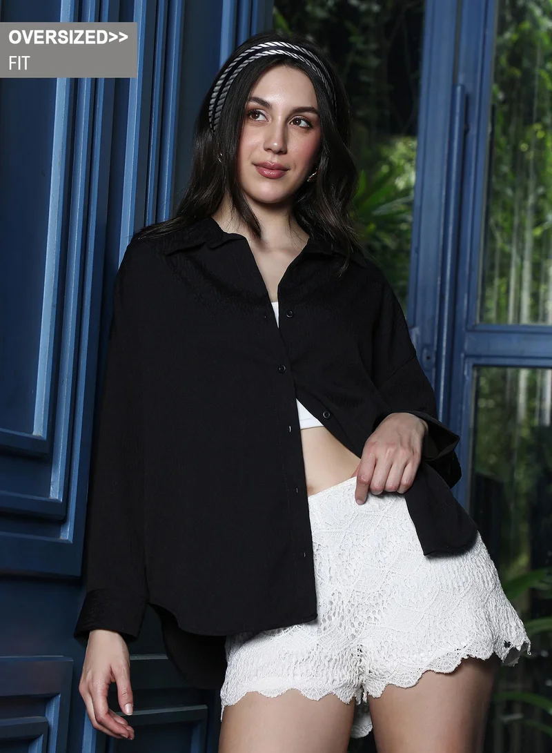 Women's Spots-Tactile Oversized Shirt | Spread Collar , Long Button-Cuff Sleeves, Button Closure | Solid Textured Woven Shirt For Casual & Daily Wear | Onyx Black