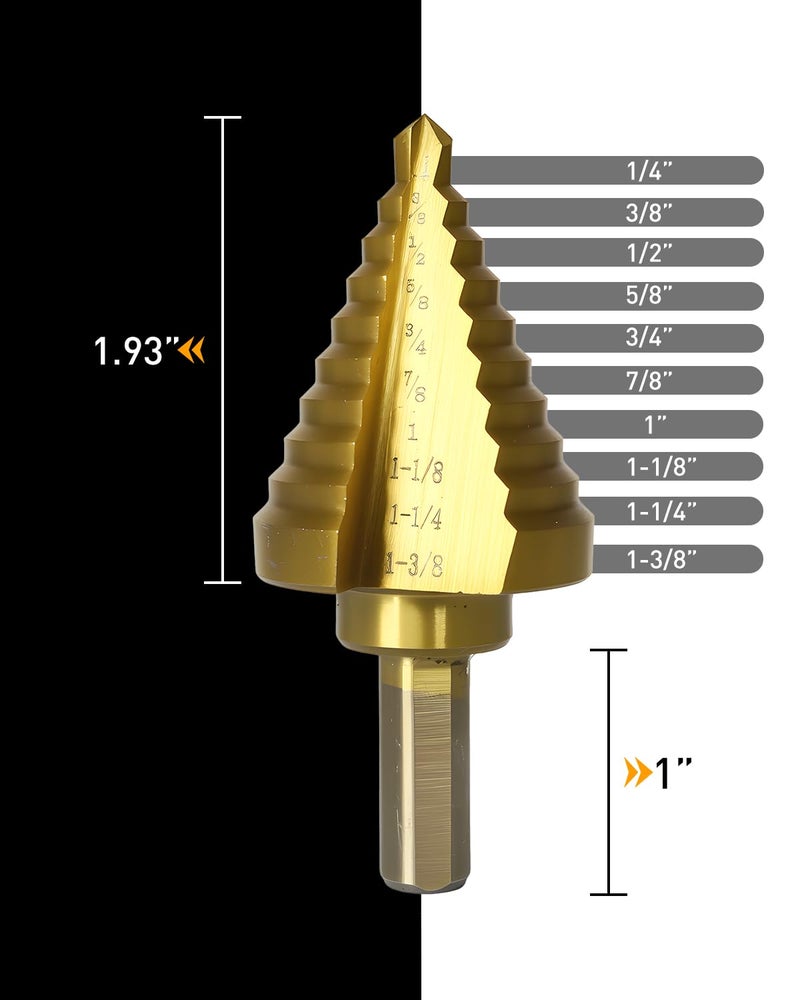 COMOWARE Step Drill Bit for Metal, Titanium Coated, Double Cutting Blades, High Speed Steel, Short Length Drill Bit, Total 10 Sizes from 1/4” to 1-3/8", for Steel Sheets Aluminum Copper Plastic Wood - Image 3