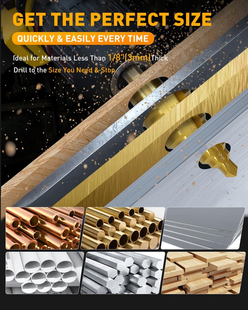 COMOWARE Step Drill Bit for Metal, Titanium Coated, Double Cutting Blades, High Speed Steel, Short Length Drill Bit, Total 10 Sizes from 1/4” to 1-3/8", for Steel Sheets Aluminum Copper Plastic Wood - Image 4