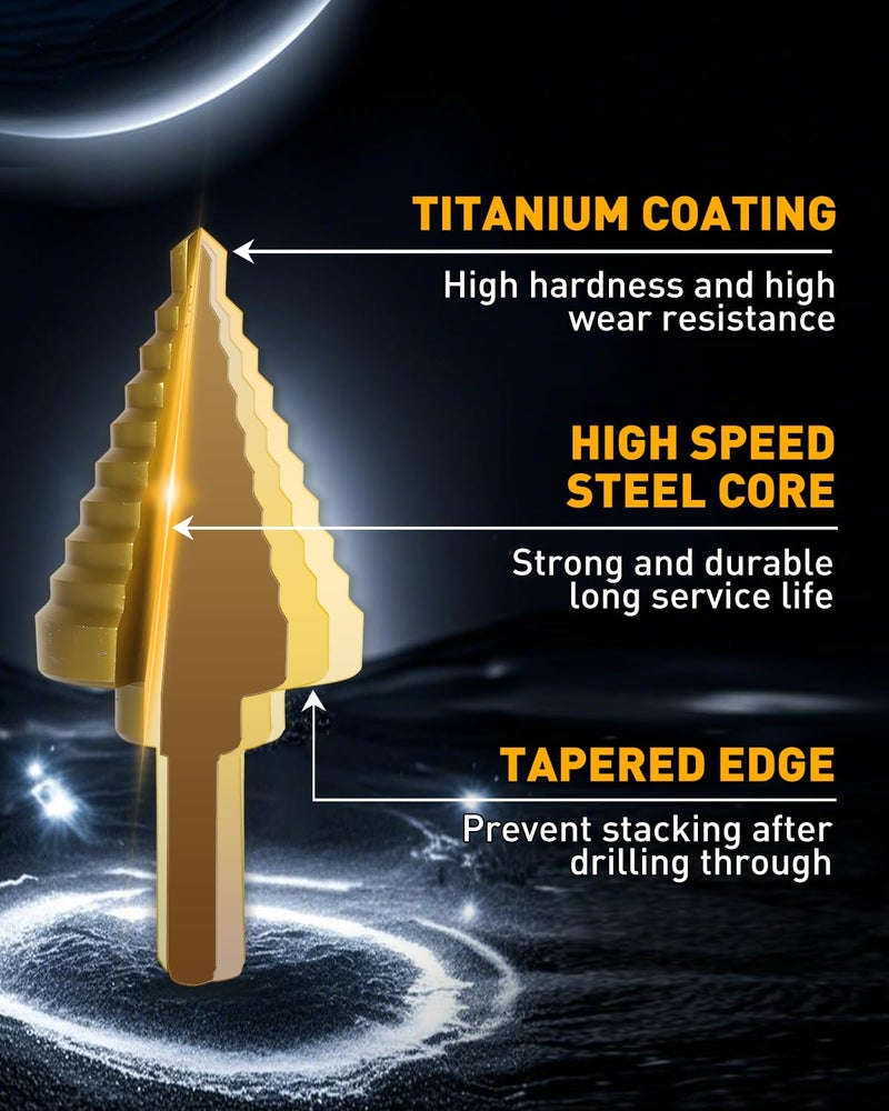 COMOWARE Step Drill Bit for Metal, Titanium Coated, Double Cutting Blades, High Speed Steel, Short Length Drill Bit, Total 10 Sizes from 1/4” to 1-3/8", for Steel Sheets Aluminum Copper Plastic Wood - Image 5