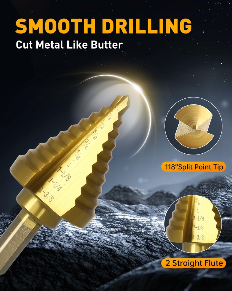 COMOWARE Step Drill Bit for Metal, Titanium Coated, Double Cutting Blades, High Speed Steel, Short Length Drill Bit, Total 10 Sizes from 1/4” to 1-3/8", for Steel Sheets Aluminum Copper Plastic Wood - Image 2