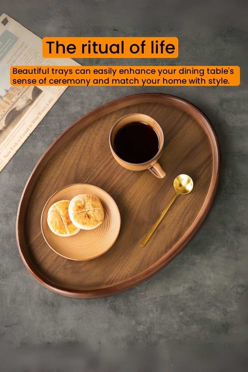nihao 2 Pcs Extra Large Oval Black Walnut Wood Tray Set, Serve Tea, Coffee, Classic Circular Wooden Decorative Serving Tray with Raised Edges(Black Walnut-36*25.5*2.3cm+44.5*31*2.3cm) - Image 4