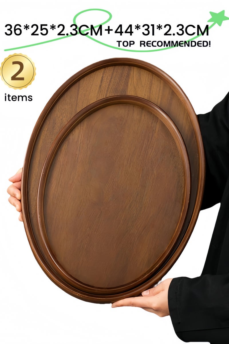 nihao 2 Pcs Extra Large Oval Black Walnut Wood Tray Set, Serve Tea, Coffee, Classic Circular Wooden Decorative Serving Tray with Raised Edges(Black Walnut-36*25.5*2.3cm+44.5*31*2.3cm) - Image 1